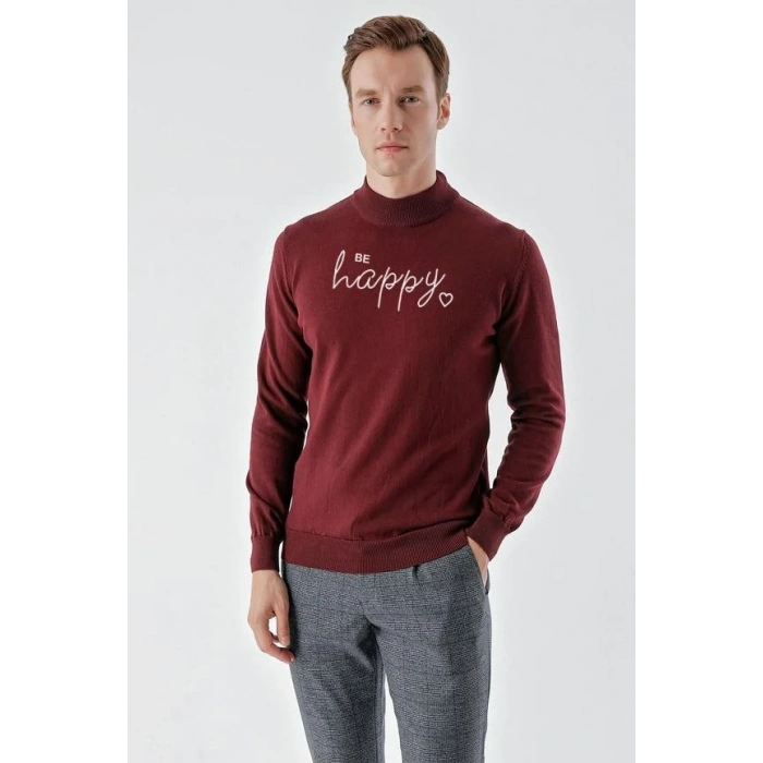 Erkek Yarım Bağazlı Kazak Baskılı Dokuma Triko - Bordo