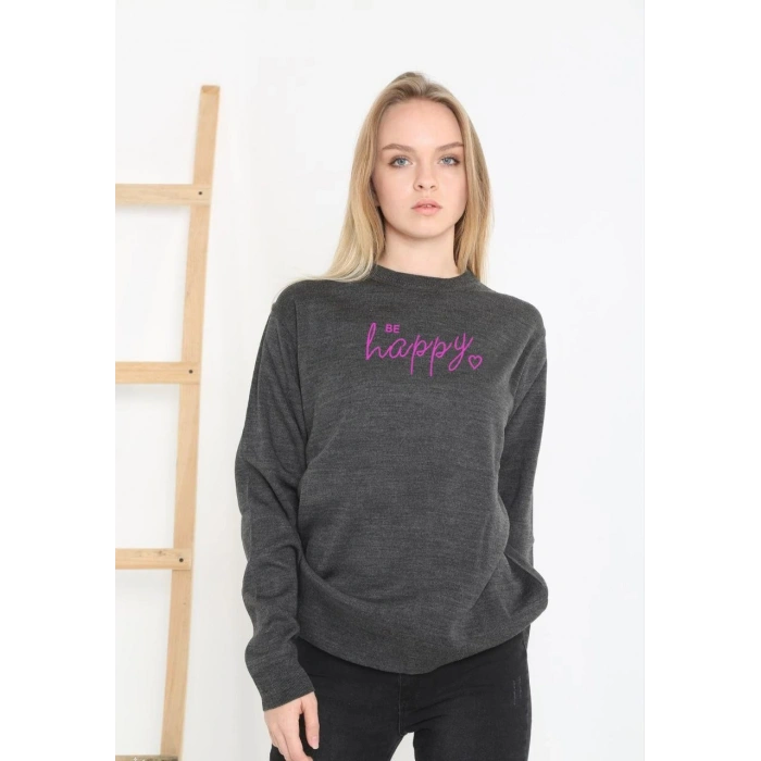 Kadın Bisiklet Yaka Kazak Baskılı Dokuma Triko - Füme