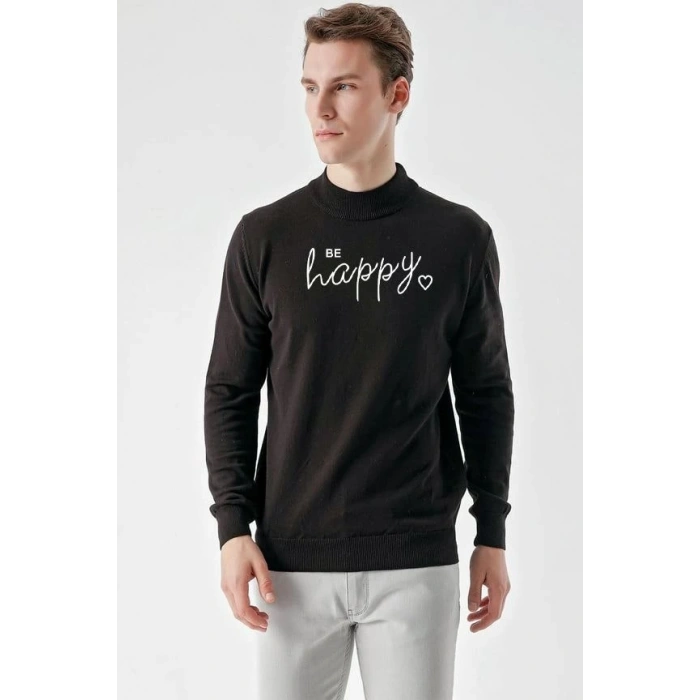 Erkek Yarım Bağazlı Kazak Baskılı Dokuma Triko - Siyah