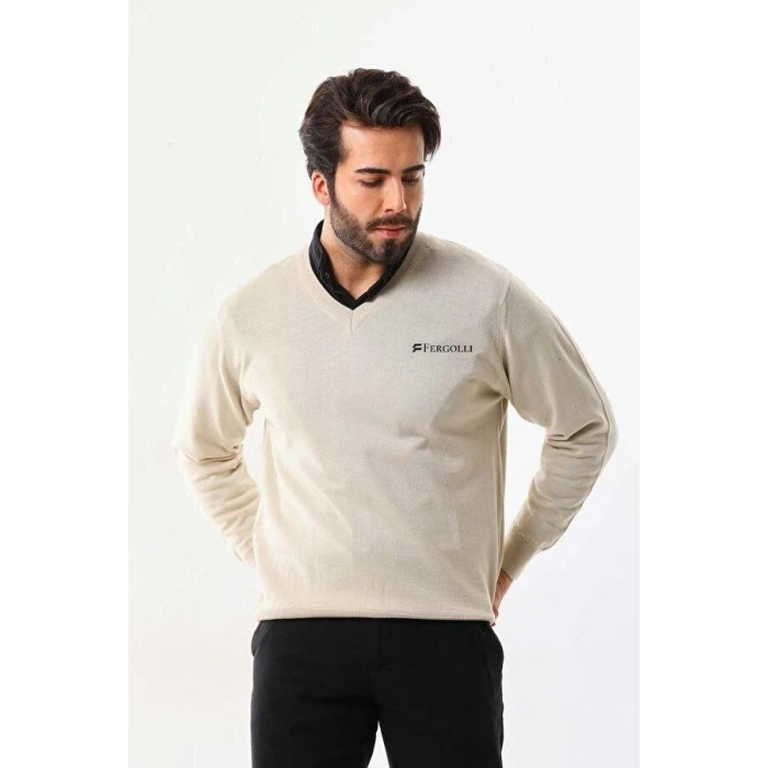 Baskılı V Yaka Uzun Kol Dokuma Triko - Bej