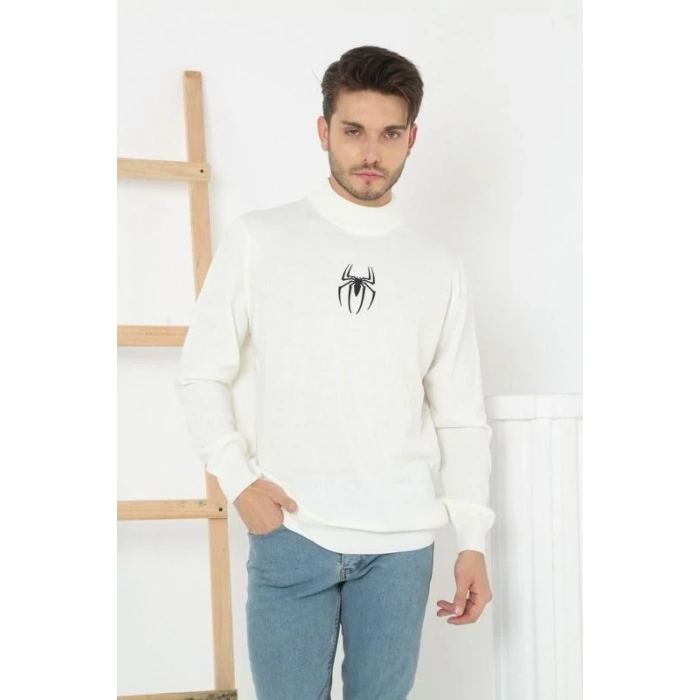 Erkek Yarım Bağazlı Kazak Baskılı Dokuma Triko - Beyaz