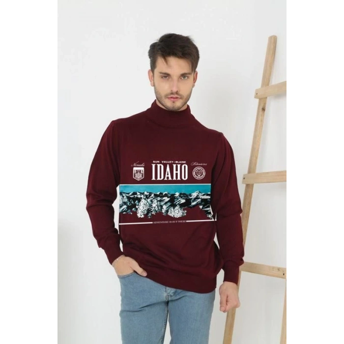 Erkek Yarım Bağazlı Kazak Baskılı Dokuma Triko - Bordo