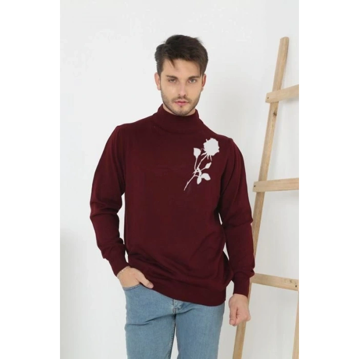 Erkek Yarım Bağazlı Kazak Baskılı Dokuma Triko - Bordo