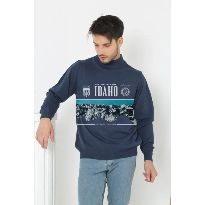 Erkek Yarım Bağazlı Kazak Baskılı Dokuma Triko - Indigo