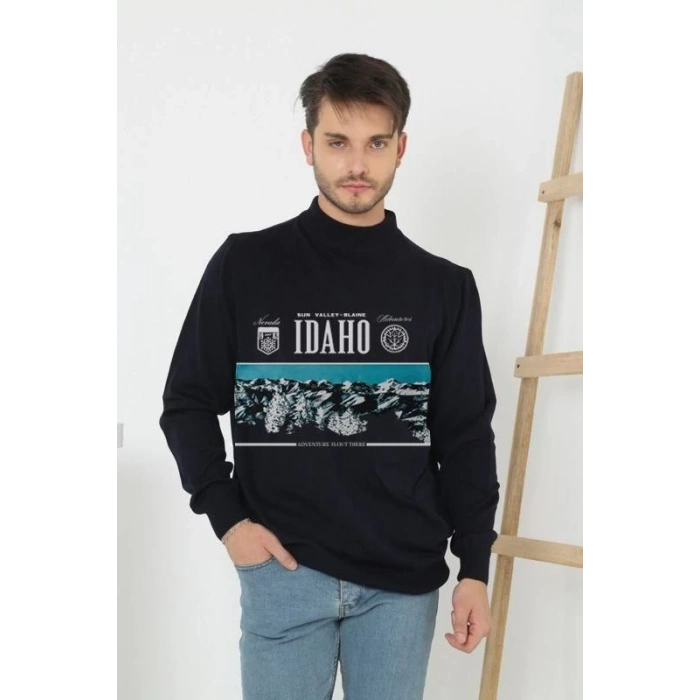 Erkek Yarım Bağazlı Kazak Baskılı Dokuma Triko - Siyah