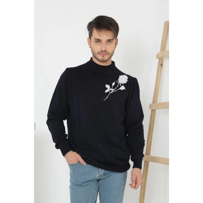 Erkek Yarım Bağazlı Kazak Baskılı Dokuma Triko - Siyah