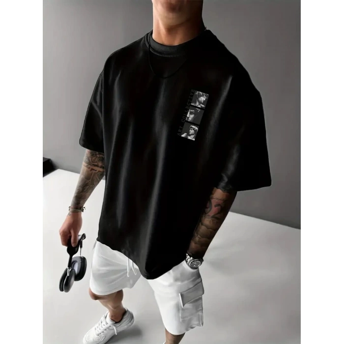 Benzersiz Sırt Baskılı Erkek Sokak Stili Bol Tişört - Nefes Alabilir Polyester, Makinede Yıkanabilir - Siyah