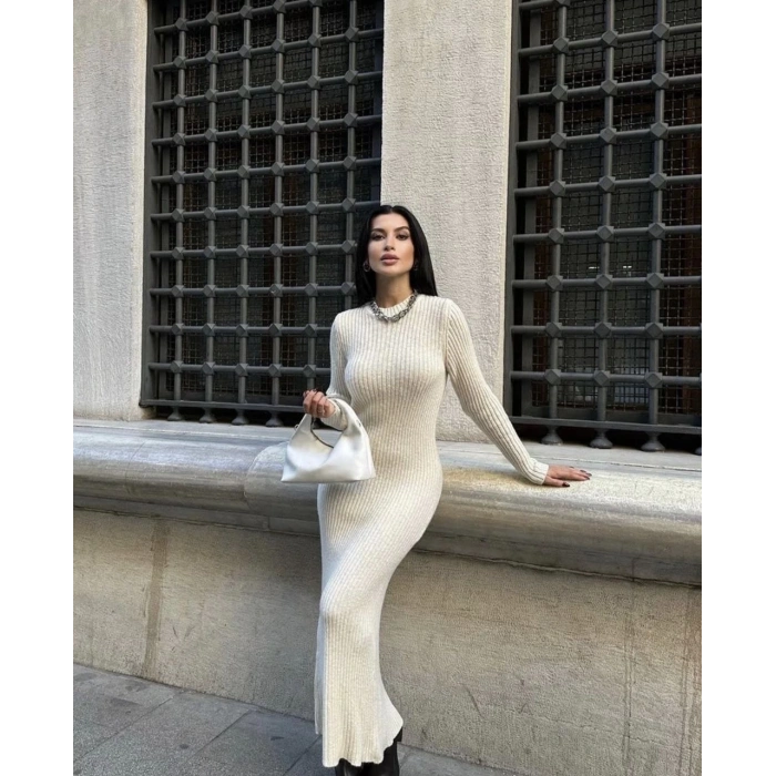 Bisiklet Yaka Fitilli Uzun Elbise - Beyaz