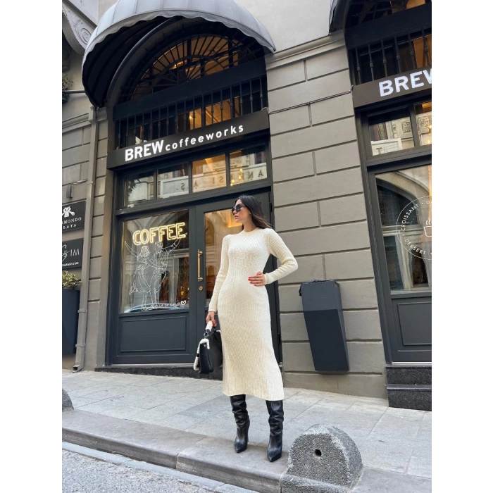 Bisiklet Yaka Fitilli Uzun Elbise - Beyaz