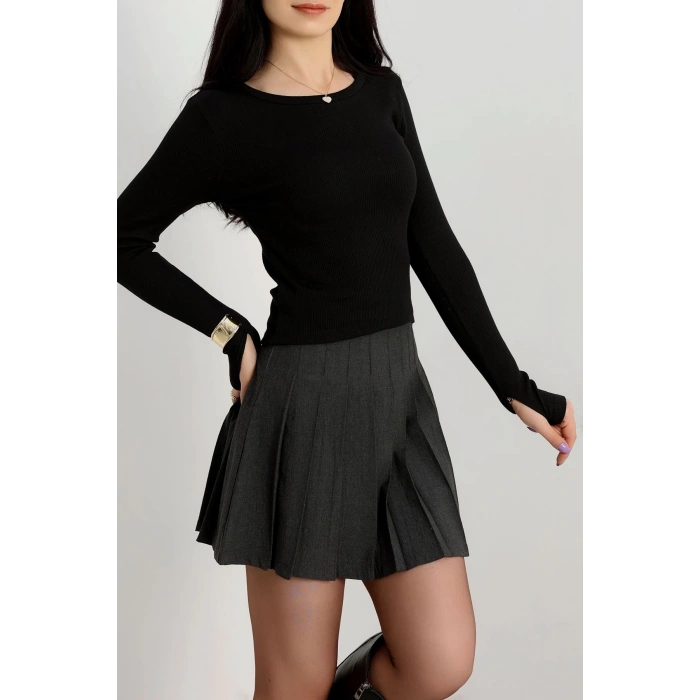 Bisiklet Yaka Parmak Geçmeli Kaşkorse bluz siyah a3829