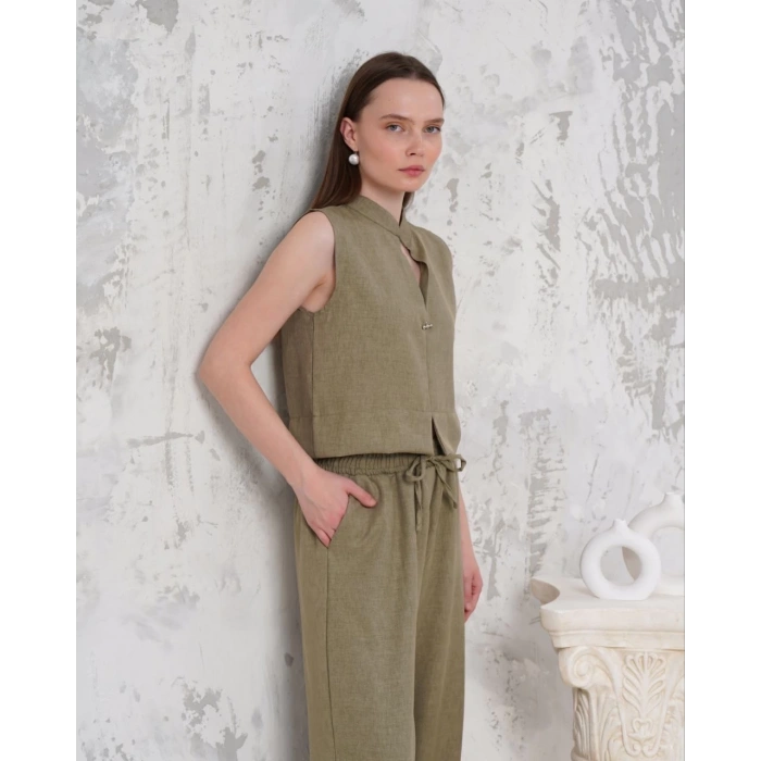 Broşlu yelek pantolon takım haki s255821