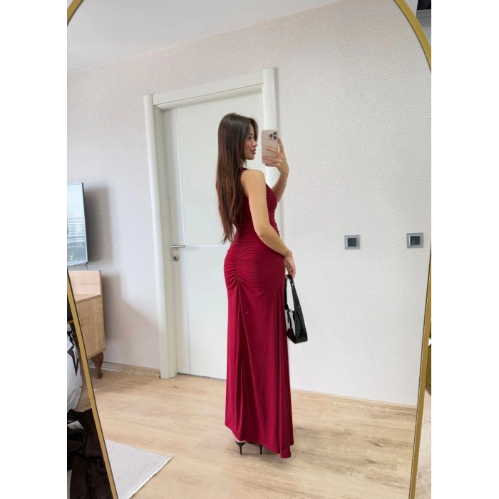 Bürümcük Kumaşlı İçi Astarlı Üzgülü Kolsuz Büzgülü Uzun Elbise - Kırmızı