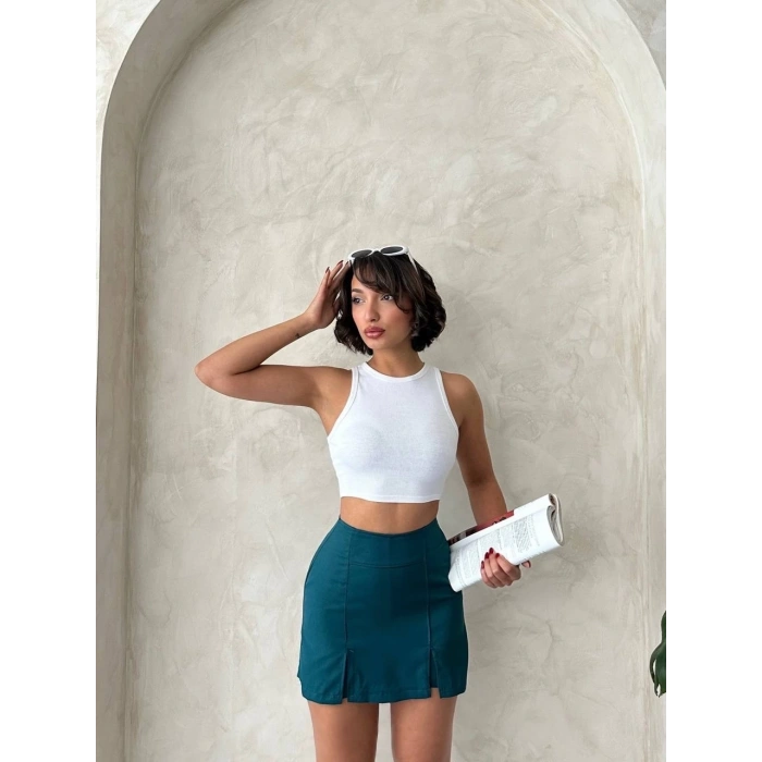 Çift yırtmaçlı atlas şort etek petrol yeşili s240364