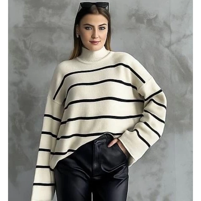 Çizgili ispanyol kol triko boğazlı kazak beyaz elf