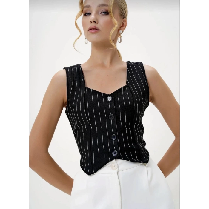 Çizgili krep düğmeli yelek siyah s3395