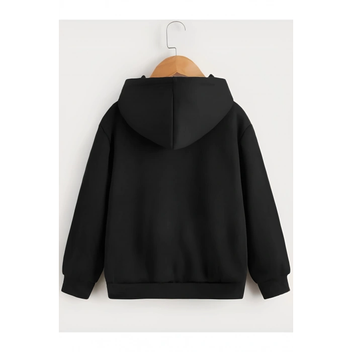 Çocuk Unisex Kapüşonlu Çizgi Kalp Baskılı Sweatshirt - Siyah