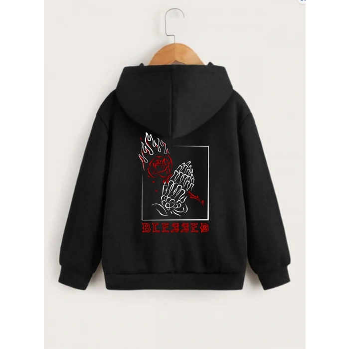 Çocuk Unisex Kapüşonlu Ön ve Arka Blessed Baskılı Sweatshirt - Siyah