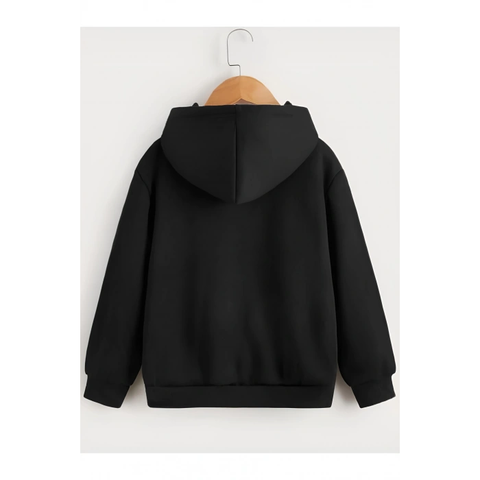 Çocuk Unisex Kapüşonlu Tatlı Kedi Baskılı Sweatshirt - Siyah