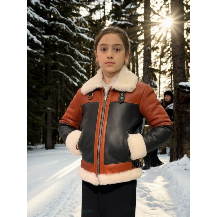 Çocuk Yakalı Parçalı Kürk - Kiremit