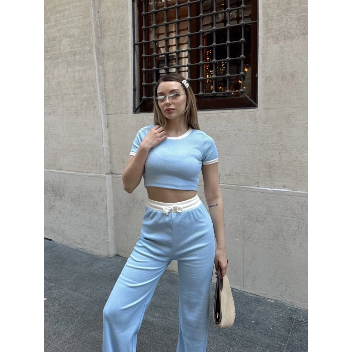 Crop pantolon biyeli takım mavi