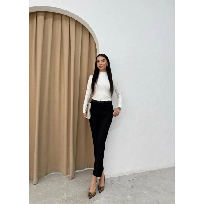 Dar paça kemerli kumaş pantolon siyah pt53