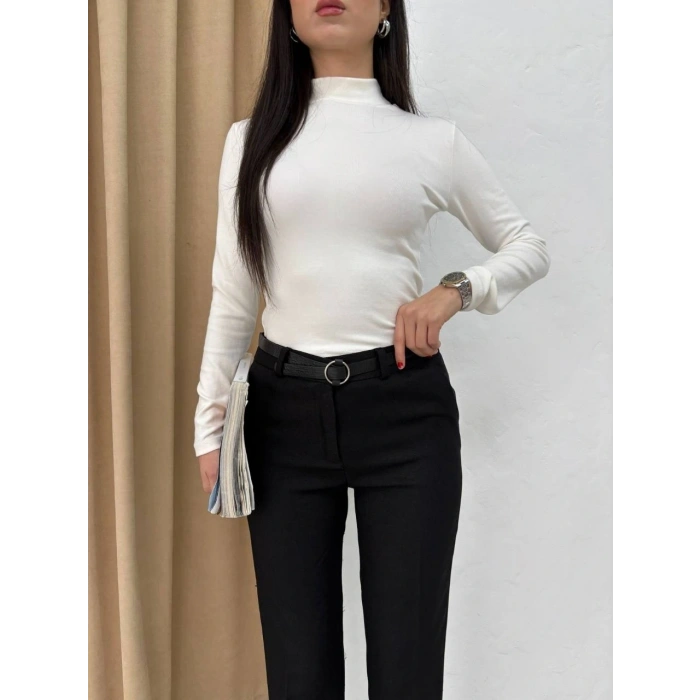 Dar paça kemerli kumaş pantolon siyah pt53