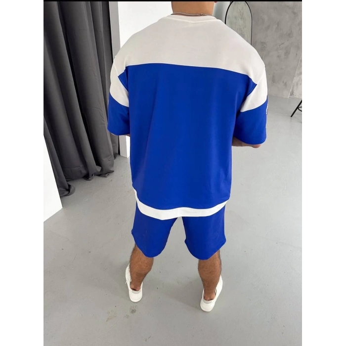 Erkek Şortlu Takım – Oversize İki İplik Kumaş, Ön & Arka Dijital Baskılı Tişört ve Lastikli Cepli Şort, Yazlık Günlük Spor Set - Mavi