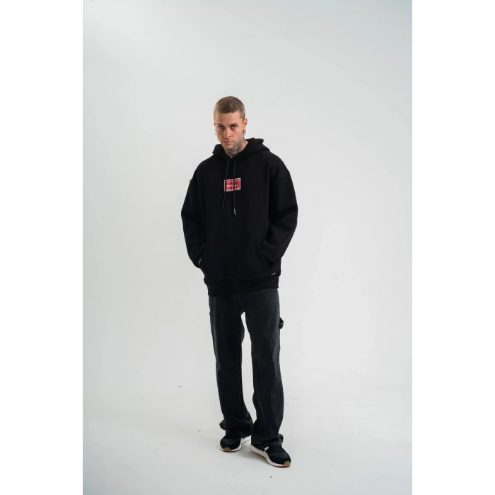 Double Oversize Kapşonlu Dijital Patchli SweatShirt - Siyah
