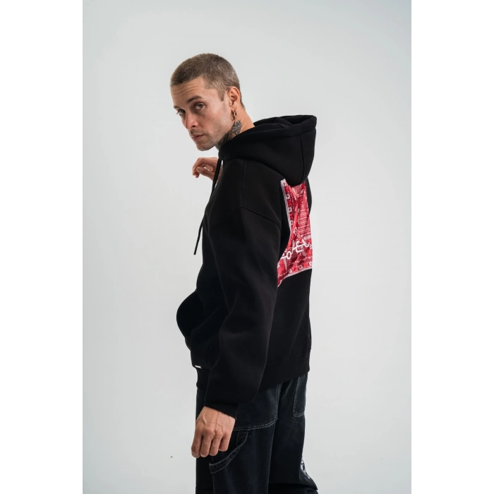 Double Oversize Kapşonlu Dijital Patchli SweatShirt - Siyah