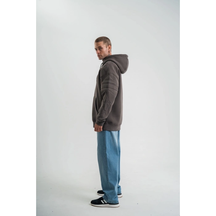 Double Oversize Kapşonlu Nakışlı SweatShirt - Füme