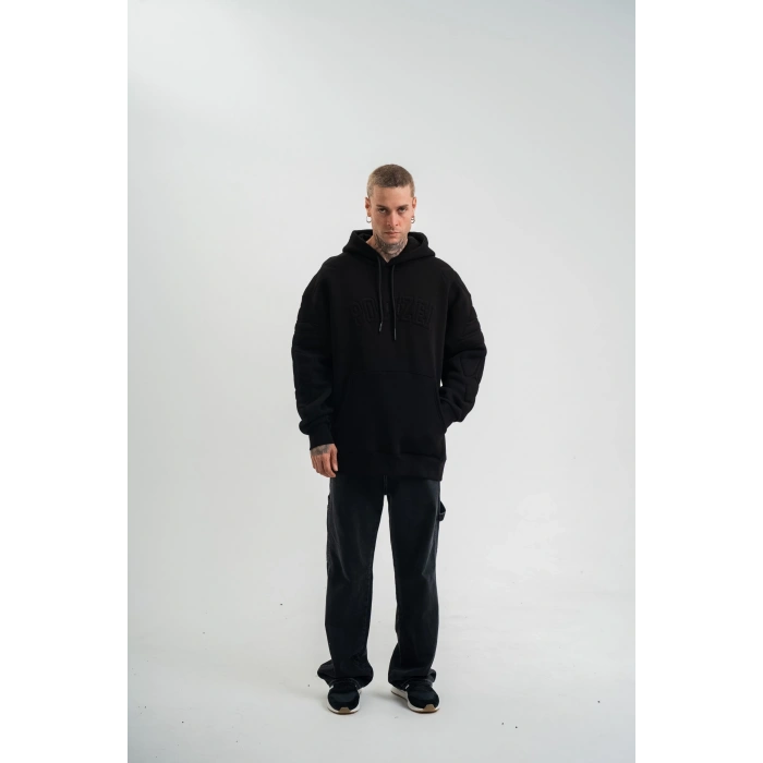 Double Oversize Kapşonlu Nakışlı SweatShirt - Siyah