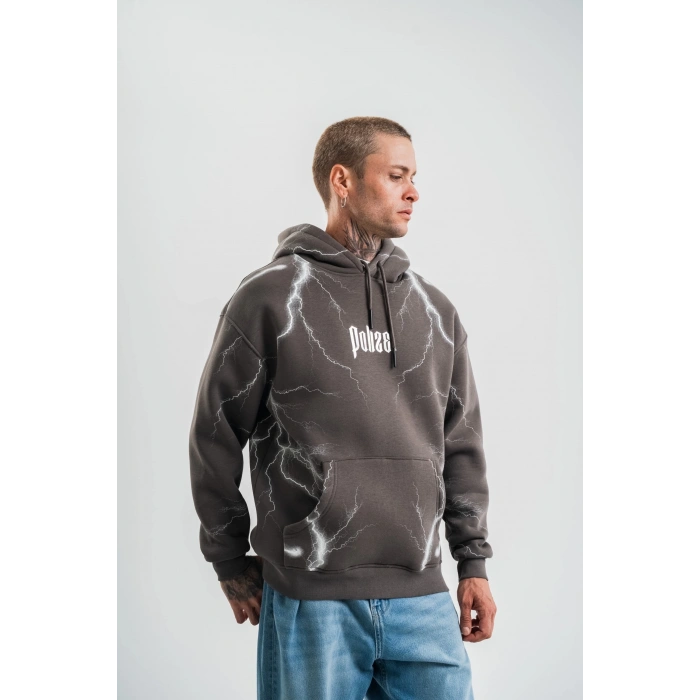Double Oversize Kapşonlu Şimşek Pano Baskılı SweatShirt - Füme