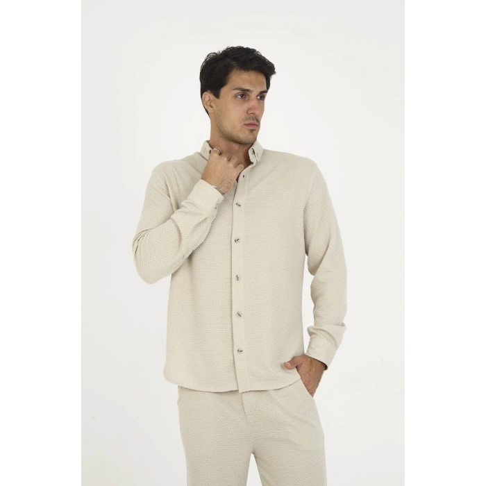 Düğmeli Tam Kalıp Uzun Kol Jakar Gömlek - Gri