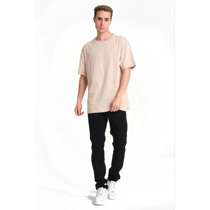 Erkek 24/1 Düz A Kalite Oversize T-shirt - Bej