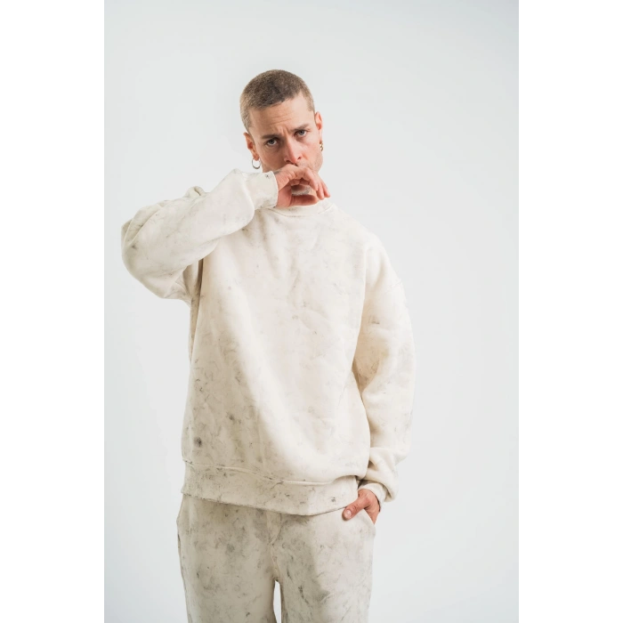 Erkek 3 İplik Pamuklu Yağ Yıkamalı Sweatshirt Double Oversize Bisiklet Yaka Uzun Kol - Krem