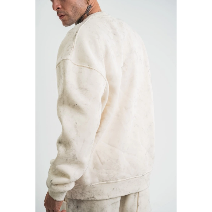 Erkek 3 İplik Pamuklu Yağ Yıkamalı Sweatshirt Double Oversize Bisiklet Yaka Uzun Kol - Krem