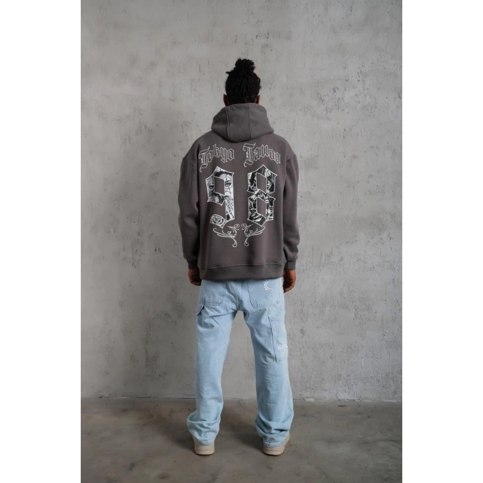 Erkek 98 Baskılı Kapşonlu Sweat - Gri