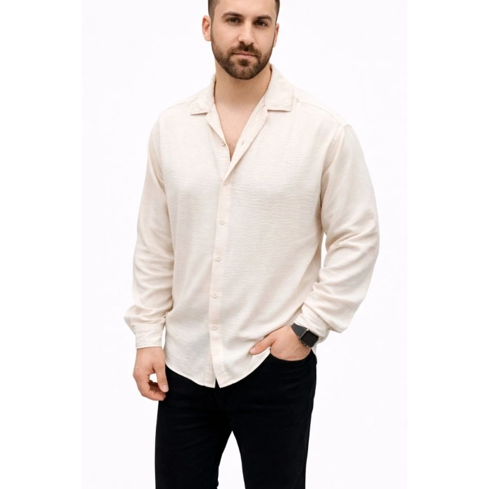 Erkek Aerobin Kumaş Oversize 4 Mevsim Uzun Kollu Rahat Kalıp Gömlek - Bej