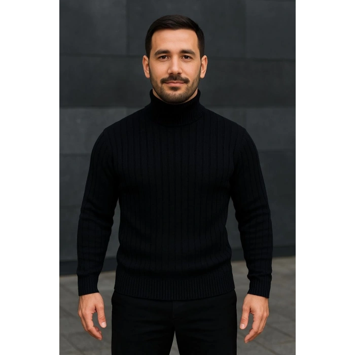 Erkek Balıkcı Yaka Bağazlı Triko Kazak Pamuklu Kalın Fitilli Dokuma, Regular Fit Uzun Kollu Kışlık Model - Siyah