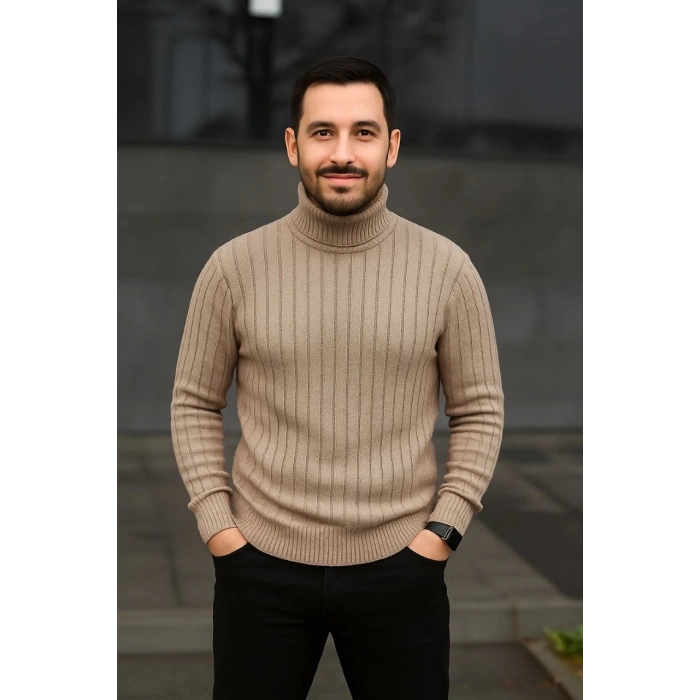 Erkek Balıkcı Yaka Bağazlı Triko Kazak Pamuklu Kalın Fitilli Dokuma, Regular Fit Uzun Kollu Kışlık Model - Bej