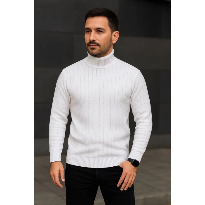 Erkek Tam Boğazlı Balıkçı Yaka Triko Kazak Kalın Fitilli - Beyaz