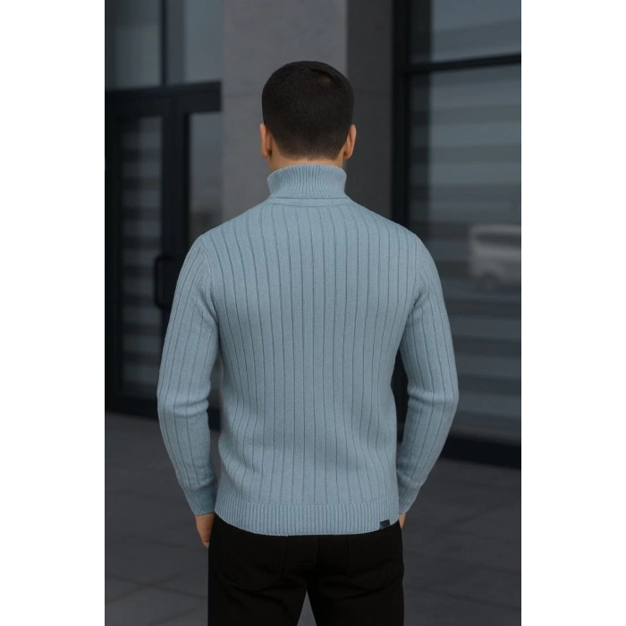 Erkek Balıkcı Yaka Bağazlı Triko Kazak Pamuklu Kalın Fitilli Dokuma, Regular Fit Uzun Kollu Kışlık Model - Bebe Mavisi