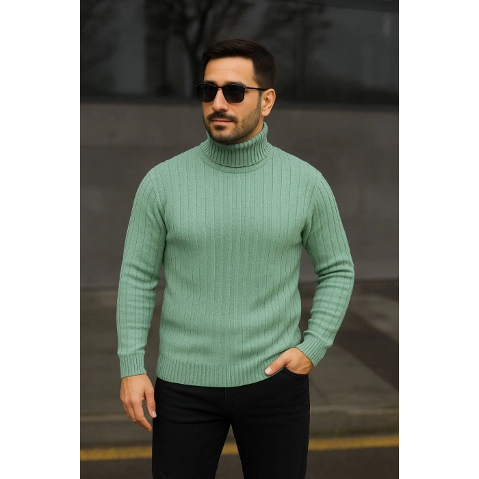 Erkek Balıkcı Yaka Bağazlı Triko Kazak Pamuklu Kalın Fitilli Dokuma, Regular Fit Uzun Kollu Kışlık Model - Mint Yeşili