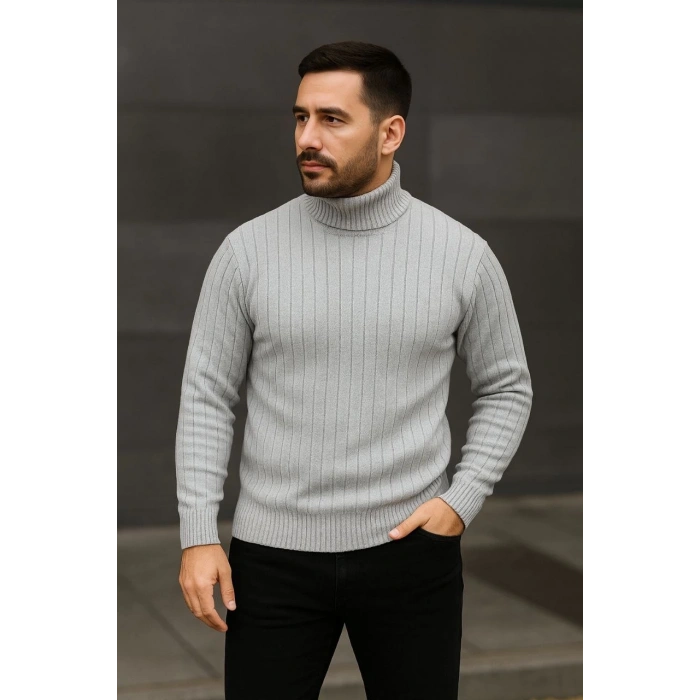 Erkek Balıkcı Yaka Bağazlı Triko Kazak Pamuklu Kalın Fitilli Dokuma, Regular Fit Uzun Kollu Kışlık Model - Gri