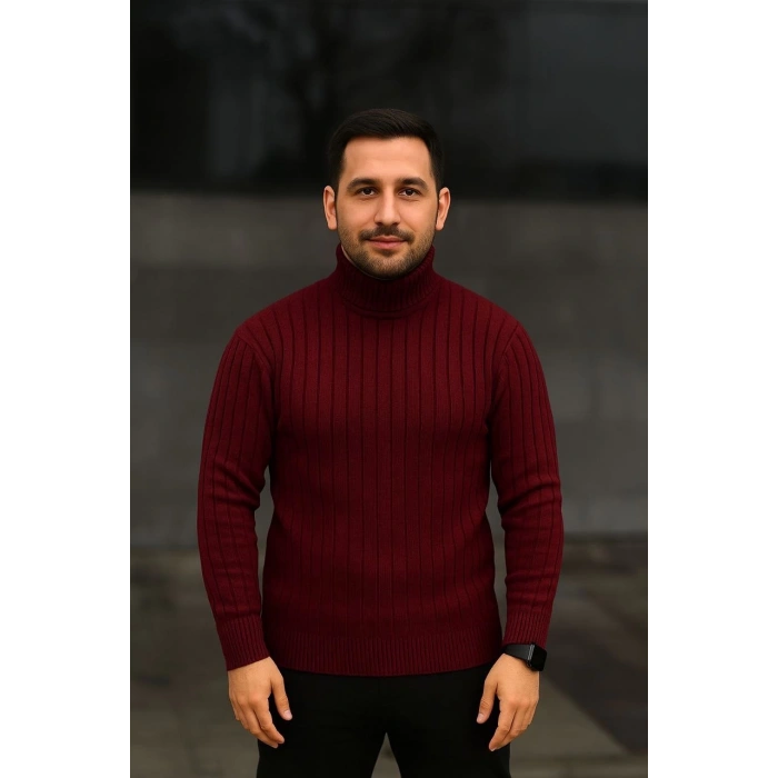 Erkek Balıkcı Yaka Bağazlı Triko Kazak Pamuklu Kalın Fitilli Dokuma, Regular Fit Uzun Kollu Kışlık Model - Bordo