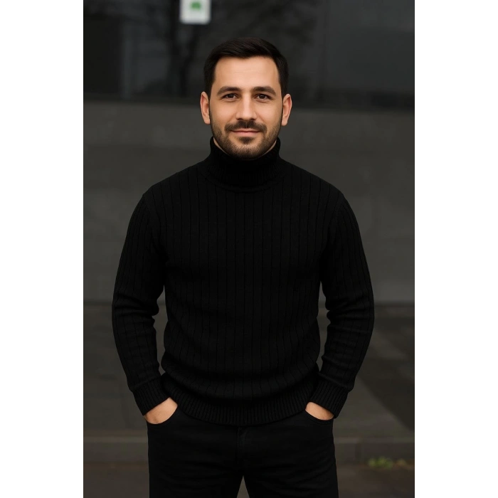 Erkek Balıkcı Yaka Bağazlı Triko Kazak Pamuklu Kalın Fitilli Dokuma, Regular Fit Uzun Kollu Kışlık Model - Siyah