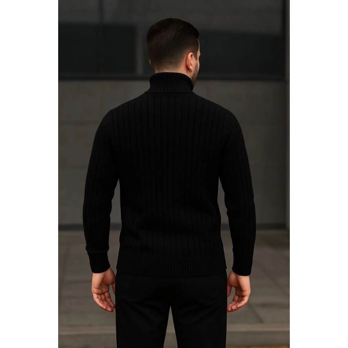 Erkek Balıkcı Yaka Bağazlı Triko Kazak Pamuklu Kalın Fitilli Dokuma, Regular Fit Uzun Kollu Kışlık Model - Siyah