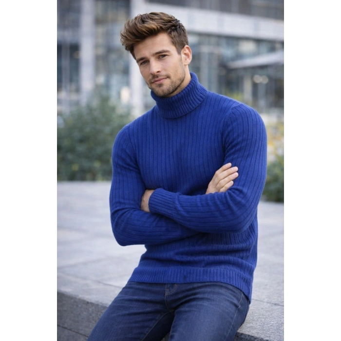 Erkek Balıkcı Yaka Bağazlı Triko Kazak Pamuklu Kalın Fitilli Dokuma, Regular Fit Uzun Kollu Kışlık Model - İndigo