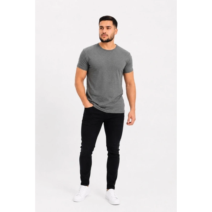 Erkek Basic Tişört Bisiklet Yaka Kısa Kol Günlük Yazlık Slim fit T-Shirt - Antrasit