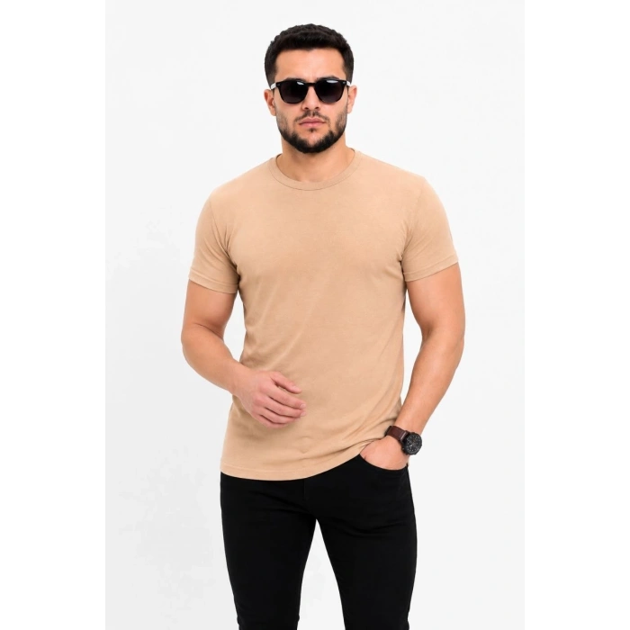 Erkek Basic Tişört Bisiklet Yaka Kısa Kol Günlük Yazlık Slim fit T-Shirt - Bej
